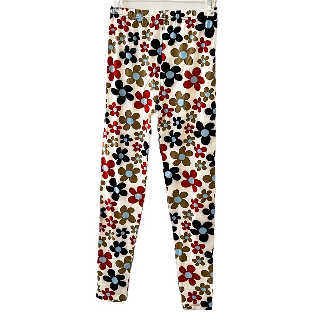 Retro Daisy Leggings in with 70s-era Multicolor Flowers on Cream Background, L